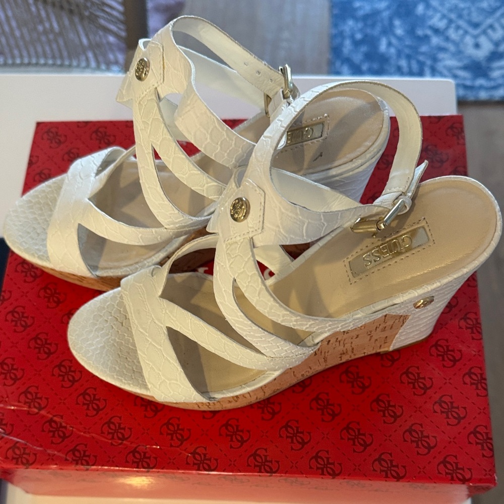 Guess White and Tan Wedges Size 8 HARLEE